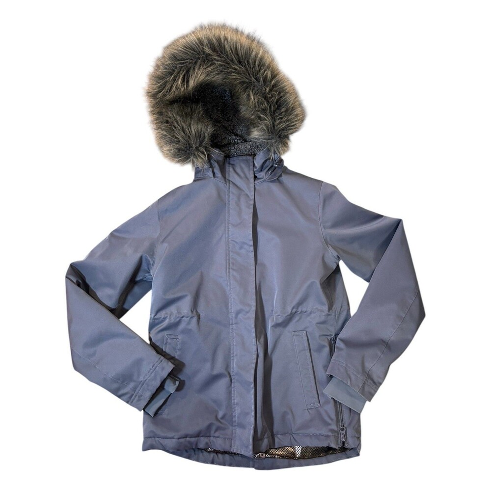 Dover Saddlery Girls XL Winter Jacket Gray Faux Fur Hood Equestrian Coat